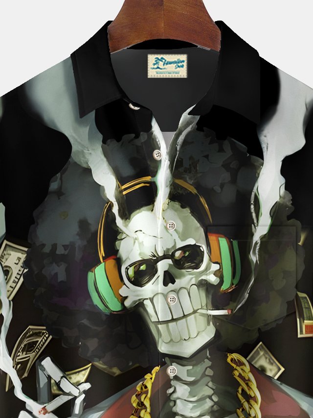 Camisa elástica con bolsillo en el pecho y estampado de calavera de Halloween para hombre de Alohadaddy, talla grande