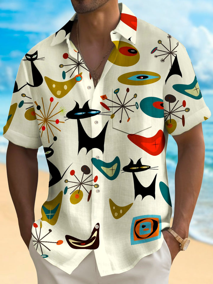Alohadaddy Vintage Geometric Starburst Cat Print Chest Pocket Stretch Shirt Big Tall
