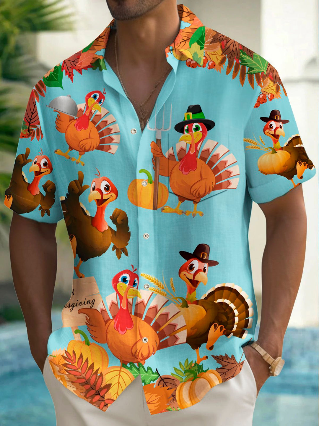 Camisa elástica con bolsillo en el pecho y estampado de pavo de Acción de Gracias para hombre de Alohadaddy, talla grande