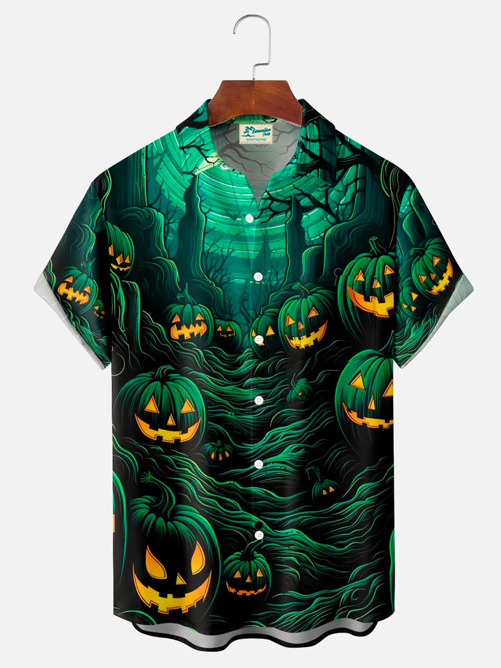 Camisa de manga corta con bolsillo y botones para hombre con estampado digital 3D de calabaza de Halloween de Alohadaddy, talla grande y alta