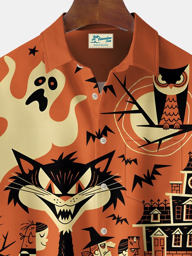 Camisa elástica con bolsillo en el pecho y estampado de dibujos animados de Halloween de Alohadaddy para hombre, talla grande