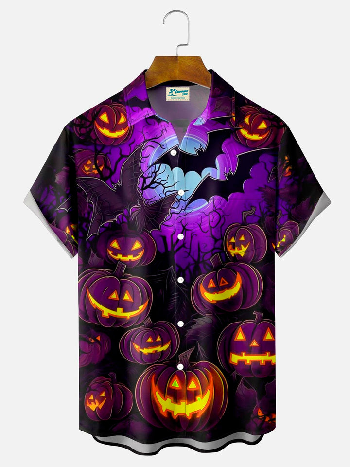 Chemise à manches courtes et poches à boutons pour homme avec impression numérique 3D de citrouille d&