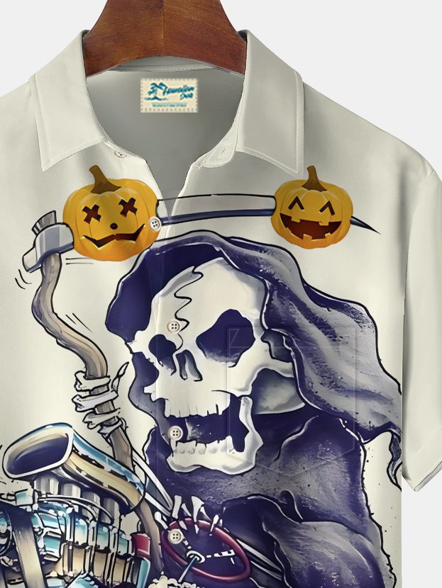 Camisa elástica con bolsillo en el pecho y estampado de dibujos animados de calaveras de Halloween para hombre de Alohadaddy, talla grande