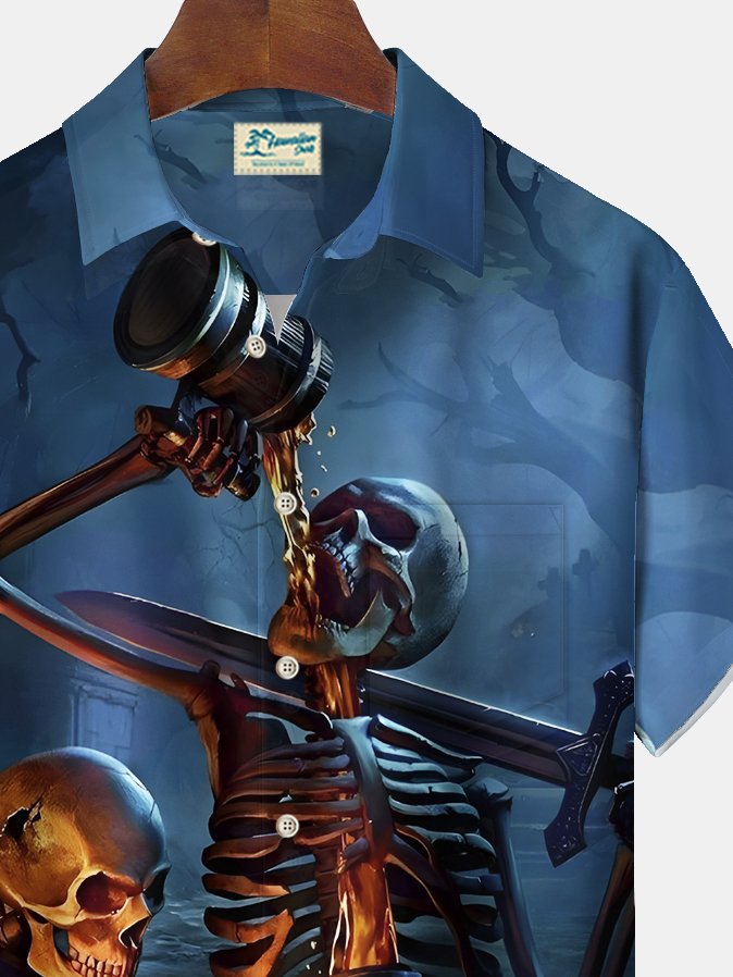Camisa elástica con bolsillo en el pecho y estampado de dibujos animados de calaveras de Halloween para hombre de Alohadaddy, talla grande