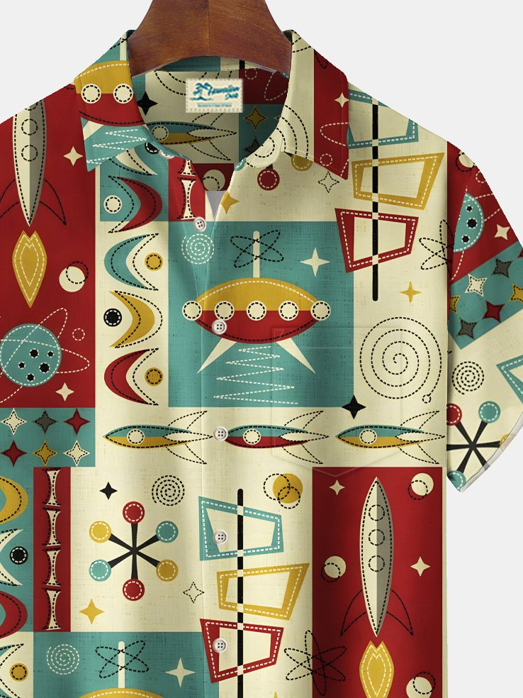 Camisa elástica con bolsillo en el pecho y estampado geométrico estilo boomerang de mediados de siglo de Alohadaddy, talla grande