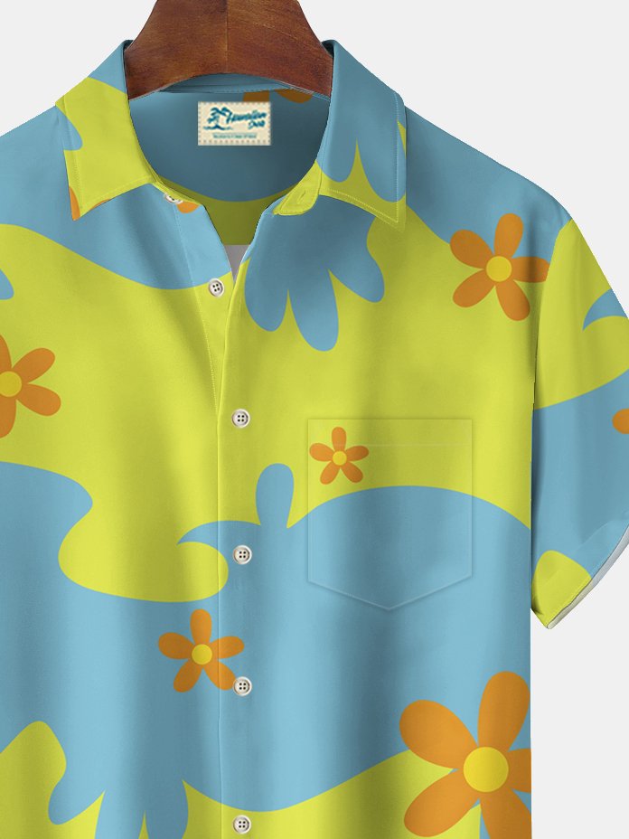 Alohadaddy Vintage Hippie Bus Flower Print Chest Pocket Stretch Shirt Big Tall