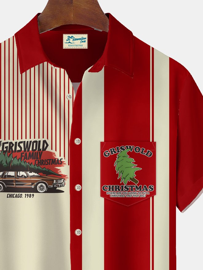 Camisa elástica con bolsillo en el pecho y estampado de dibujos animados de Griswold navideño de bolos vintage de Alohadaddy, talla grande