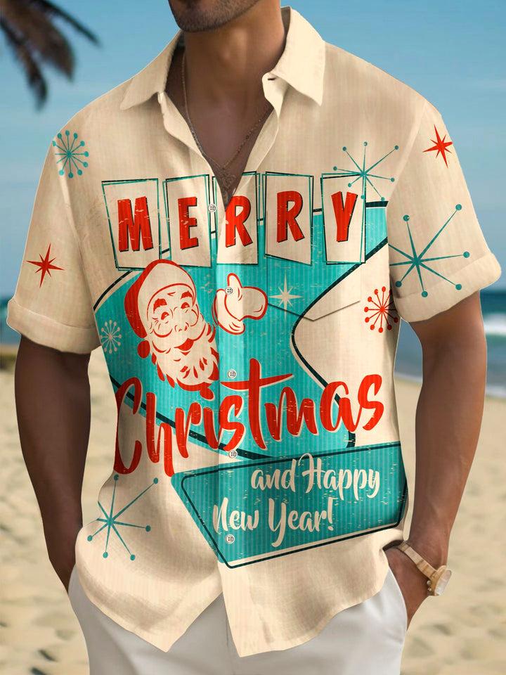Chemises hawaïennes extensibles à imprimé géométrique Boomerang Joyeux Noël avec poche poitrine et motif Père Noël Alohadaddy