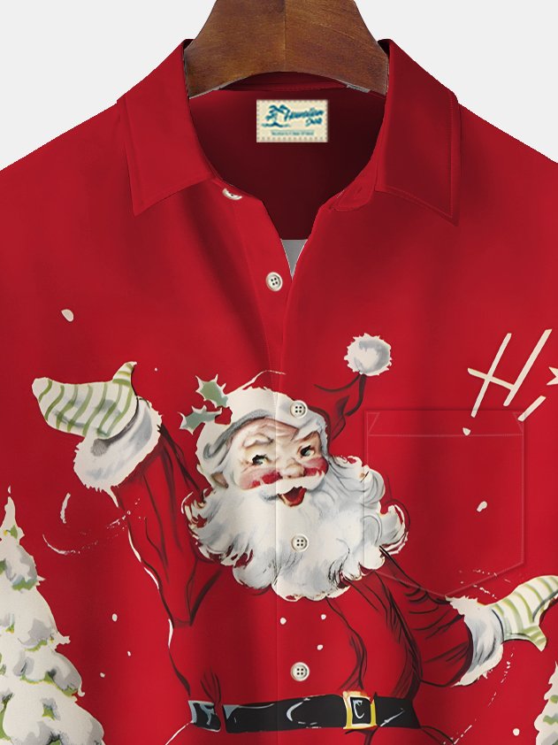 Alohadaddy Christmas Santa Print Chest Pocket Stretch Hawaiian Shirt Big Tall