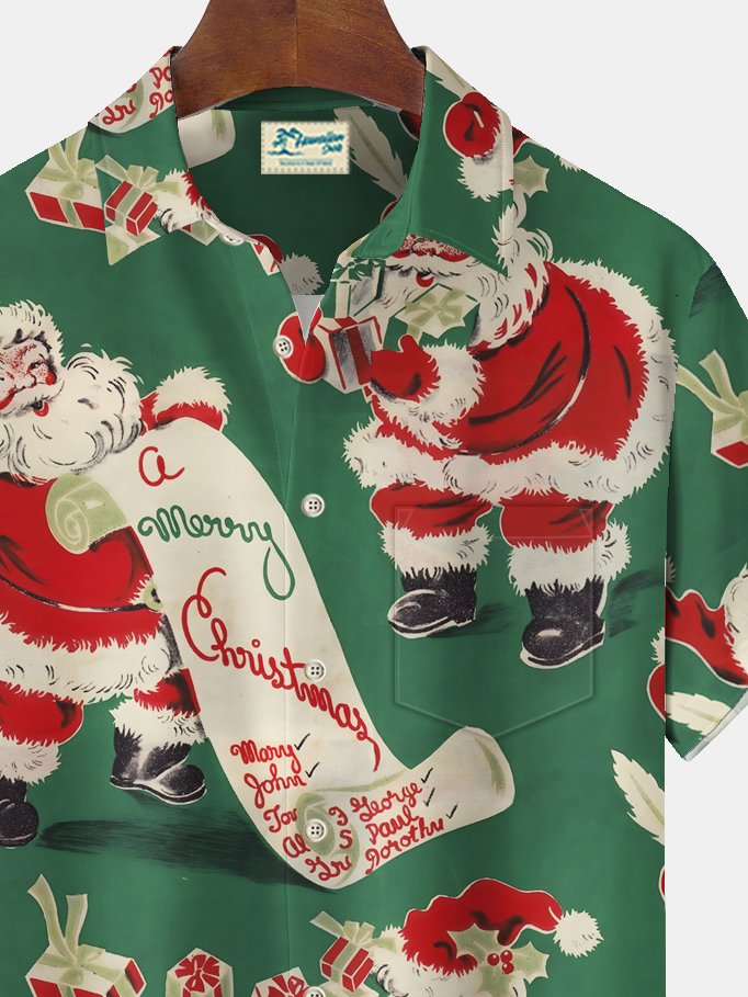 Alohadaddy 1940 Vintage Christmas Santa Print Chest Pocket Stretch Hawaiian Shirt Big Tall