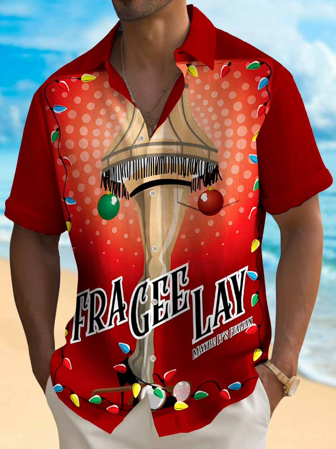 Camisa hawaiana elástica con bolsillo en el pecho y estampado de luces navideñas brillantes para hombre de Alohadaddy Christmas, talla grande