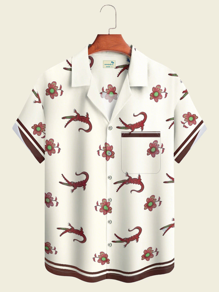 Alohadaddy Hawaiian Crocodile Flowers Art Print Button Cardigan Pockets Elastic Oversized Long Short Sleeve Shirt