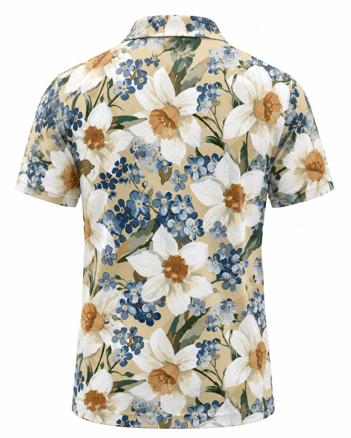 Men’s Basic Casual Flowering and plants Retro Print Button Down Polo Short-Sleeve Big &amp; Tall