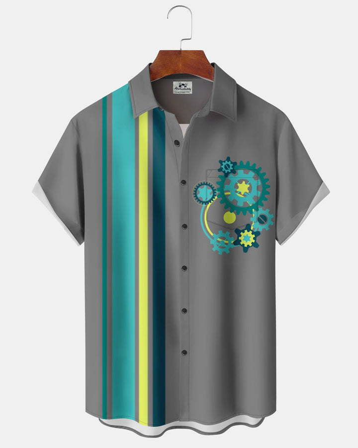Alohadaddy® Retro Geometric Striped Gear Bowling Shirt Print Men&