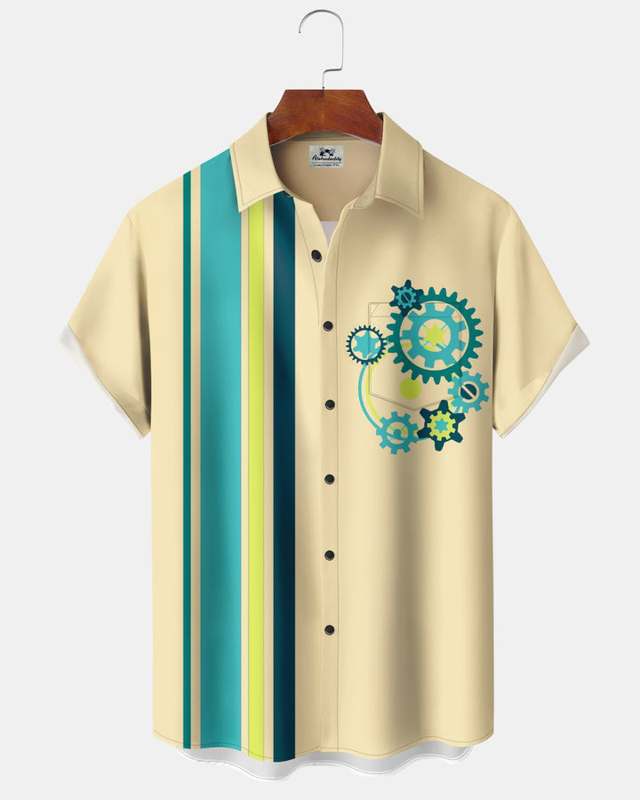 Alohadaddy® Retro Geometric Striped Gear Bowling Shirt Print Men&