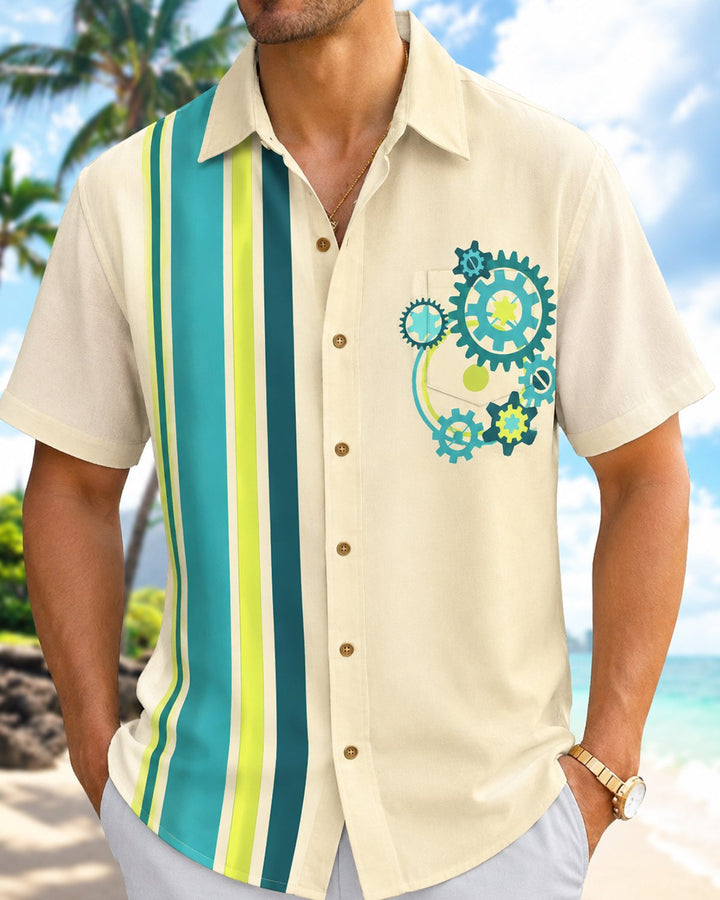 Alohadaddy® Retro Geometric Striped Gear Bowling Shirt Print Men&