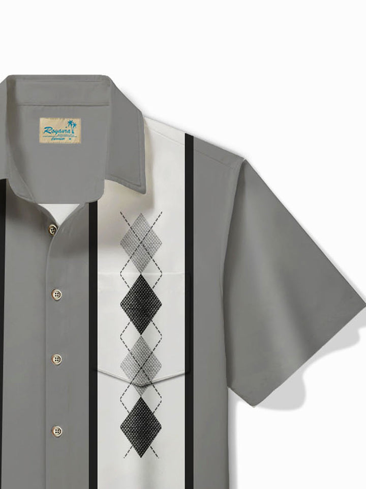 Camisa de manga corta con bolsillo abotonado y estampado geométrico de rayas estilo retro de bolos de Alohadaddy para hombre