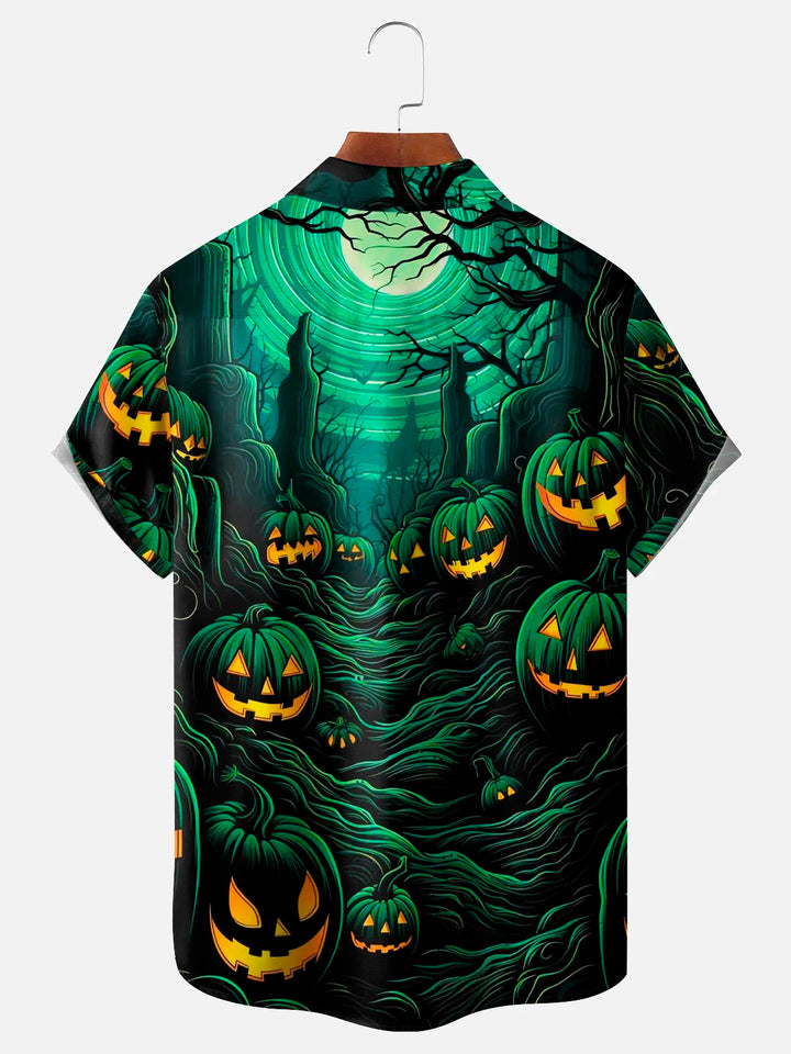 Camisa de manga corta con bolsillo y botones para hombre con estampado digital 3D de calabaza de Halloween de Alohadaddy, talla grande y alta