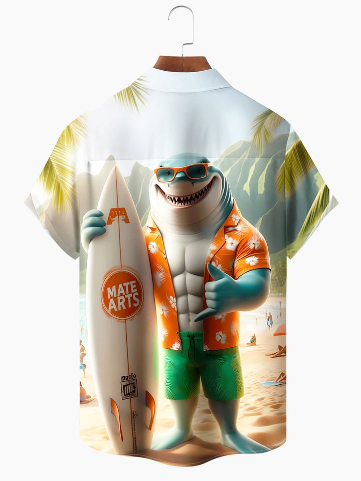 Alohadaddy Hawaii Vacation Shark Print Art Pocket Button Short Sleeve Stretch Plus Size Men&