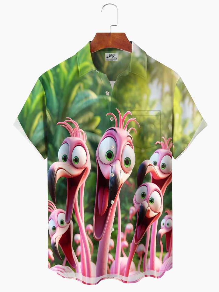 Alohadaddy Hawaii Resort Style Graffiti Flamingo Print Art Buttons Stretch Large Size Men&