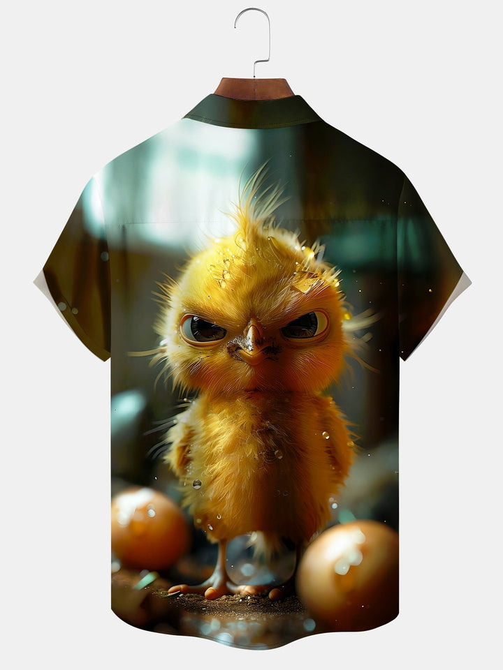 Alohadaddy Hawaiian Yellow Chicken Print Art Pocket Button Cardigan Stretch Large Size Short Sleeve Shirt