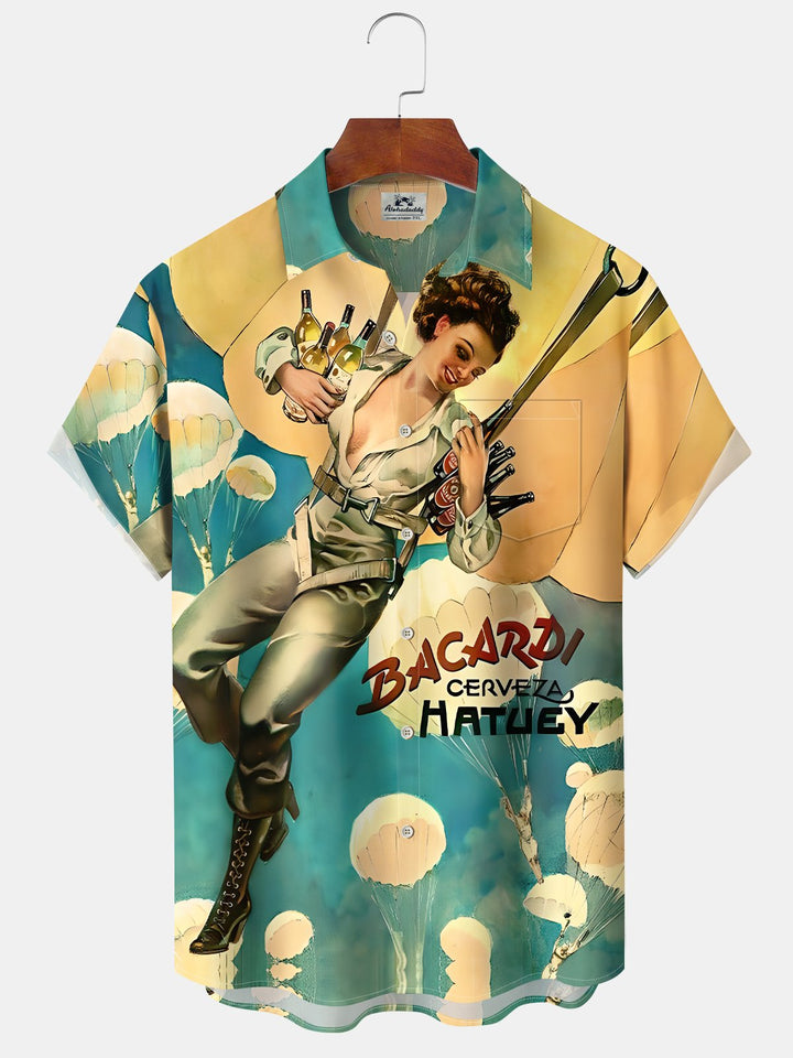 Alohadaddy Casual Collection Retro Character Poster Print Art Button Cardigan Pocket Stretch Large Size Long Short Sleeve Shirt