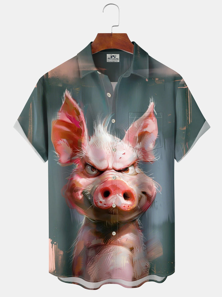 Alohadaddy Hawaiian Casual Oil Painting Angry Pig Painting Art Button Cardigan Pocket Large Size Long Polyester Short Sleeve Shirt
