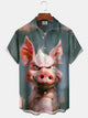 Alohadaddy Hawaiian Casual Oil Painting Angry Pig Painting Art Button Cardigan Pocket Large Size Long Polyester Short Sleeve Shirt