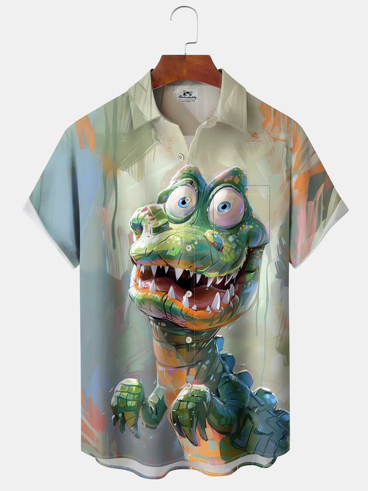 Alohadaddy Casual Crocodile Ink Painting Art Button Cardigan Pocket Elastic Large Size Long Short Sleeve Shirt
