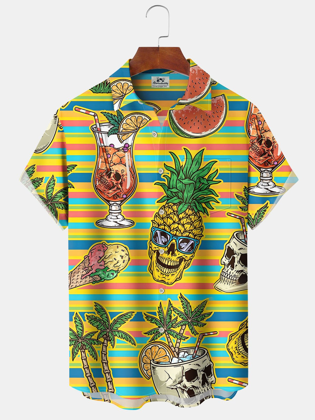 Alohadaddy Hawaiian Casual Pineapple Skull Stripes Print Art Buttons Cardigan Pockets Stretch Polyester Long Oversized Short Sleeve Shirt