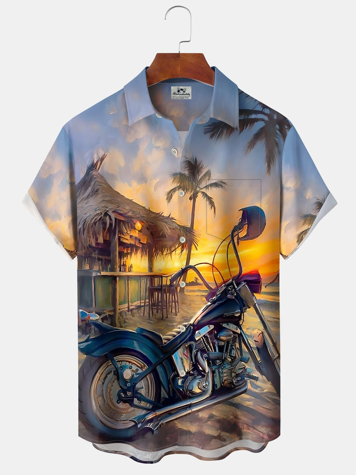 Alohadaddy Hawaiian Leisure Vacation Motorcycle Print Art Button Pocket Cardigan Stretch Large Size Short Sleeve Shirt