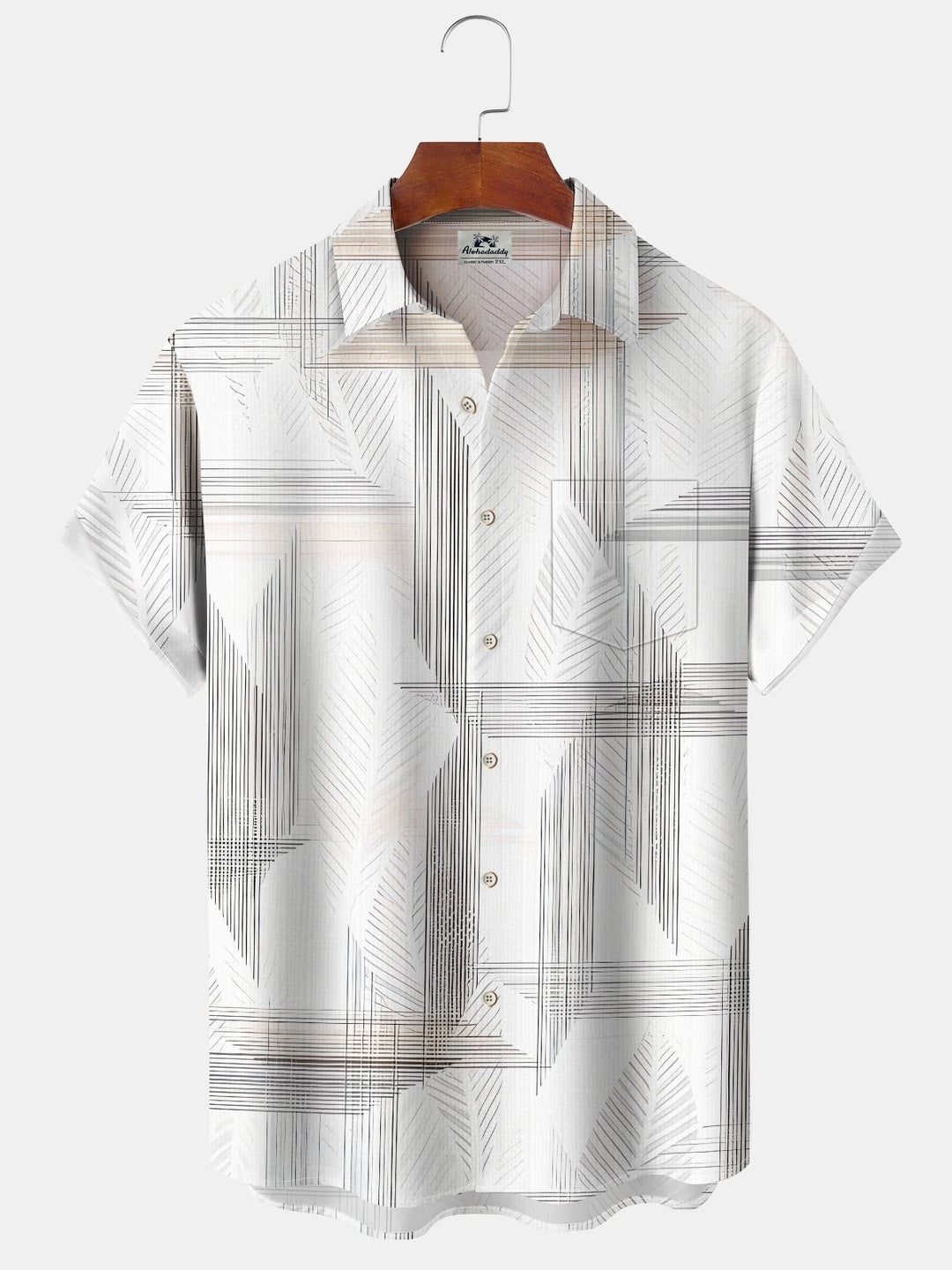 Alohadaddy Casual Collection Hawaiian Vacation Stripes Leaves Print Art Buttons Cardigan Pockets Fresh Stretch Polyester Short Sleeve Shirt