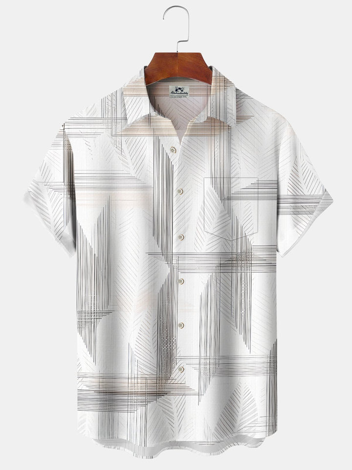 Alohadaddy Casual Collection Hawaiian Vacation Stripes Leaves Print Art Buttons Cardigan Pockets Fresh Stretch Polyester Short Sleeve Shirt