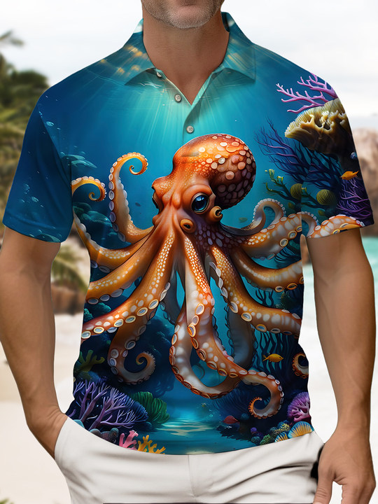 Alohadaddy Casual Daily Hawaii Ocean Octopus Print Art Stretch Large Size Button Short Sleeve POLO Shirt
