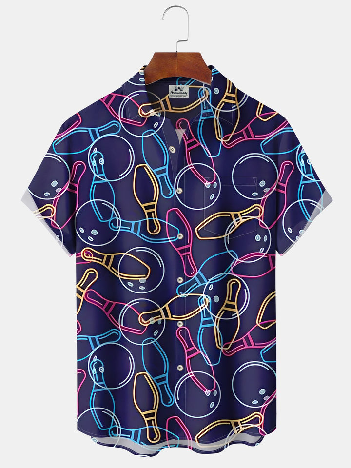 Alohadaddy Moisture Wicking Bowling Ball Print Art Stretch Oversized Chest Pocket Short Sleeve Shirt