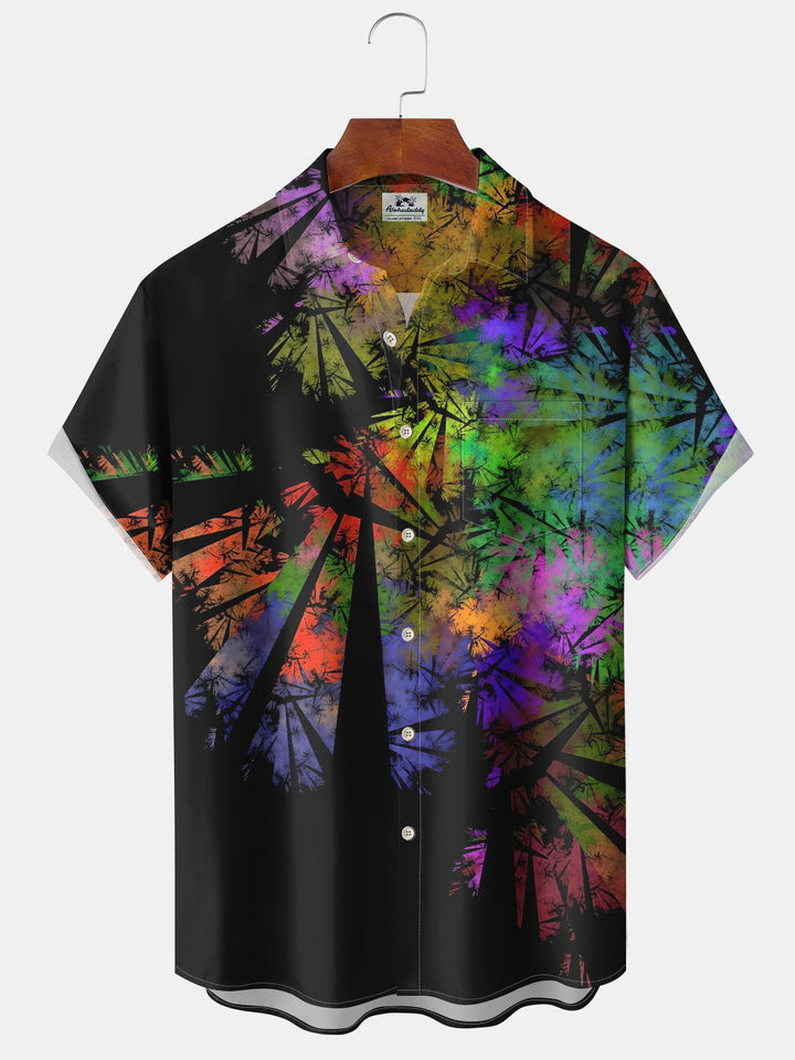 Alohadaddy Hawaiian Abstract Tropical Leaves Art Print Chest Pocket Stretch Short Sleeve Shirt
