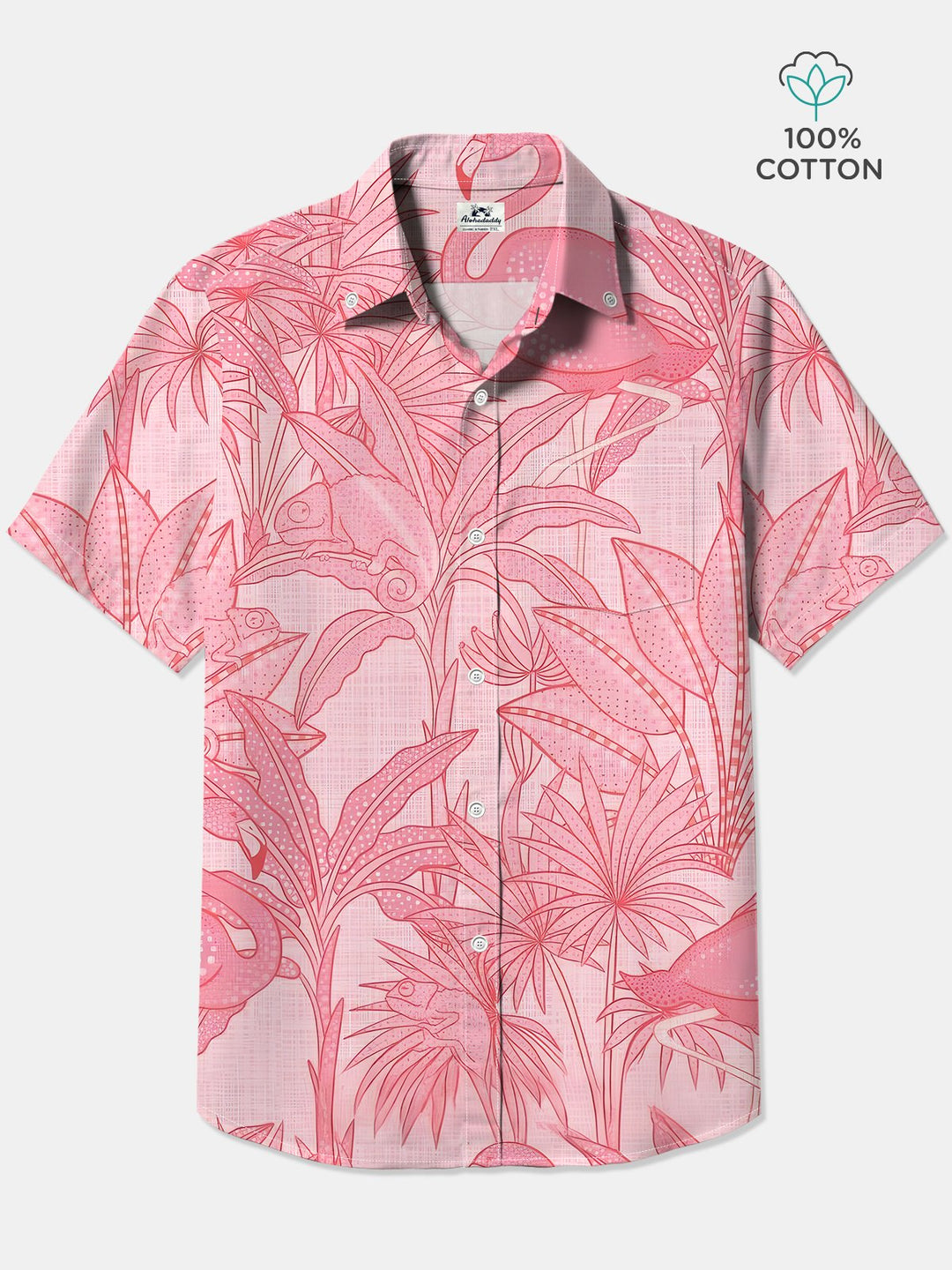 Alohadaddy Cotton Flamingo Chameleon Print Art Moisture Wicking Chest Pocket Cardigan Hawaiian Oversized Short Sleeve Shirt