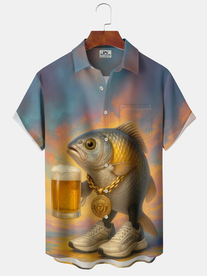 Alohadaddy® Casual Vintage Fish Beer Art Print Chest Pocket Moisture Wicking Large Size Hawaiian Shirt