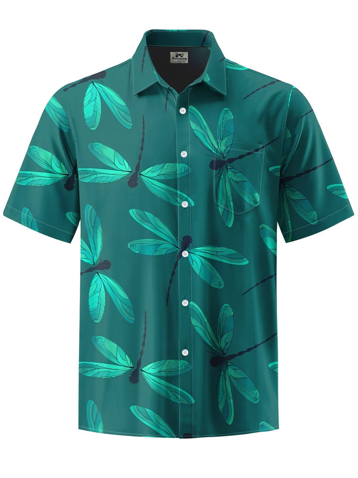 Alohadaddy® Vintage Dragonfly Art Print Chest Pocket Mens Short Sleeve Shirt Big &amp; Tall