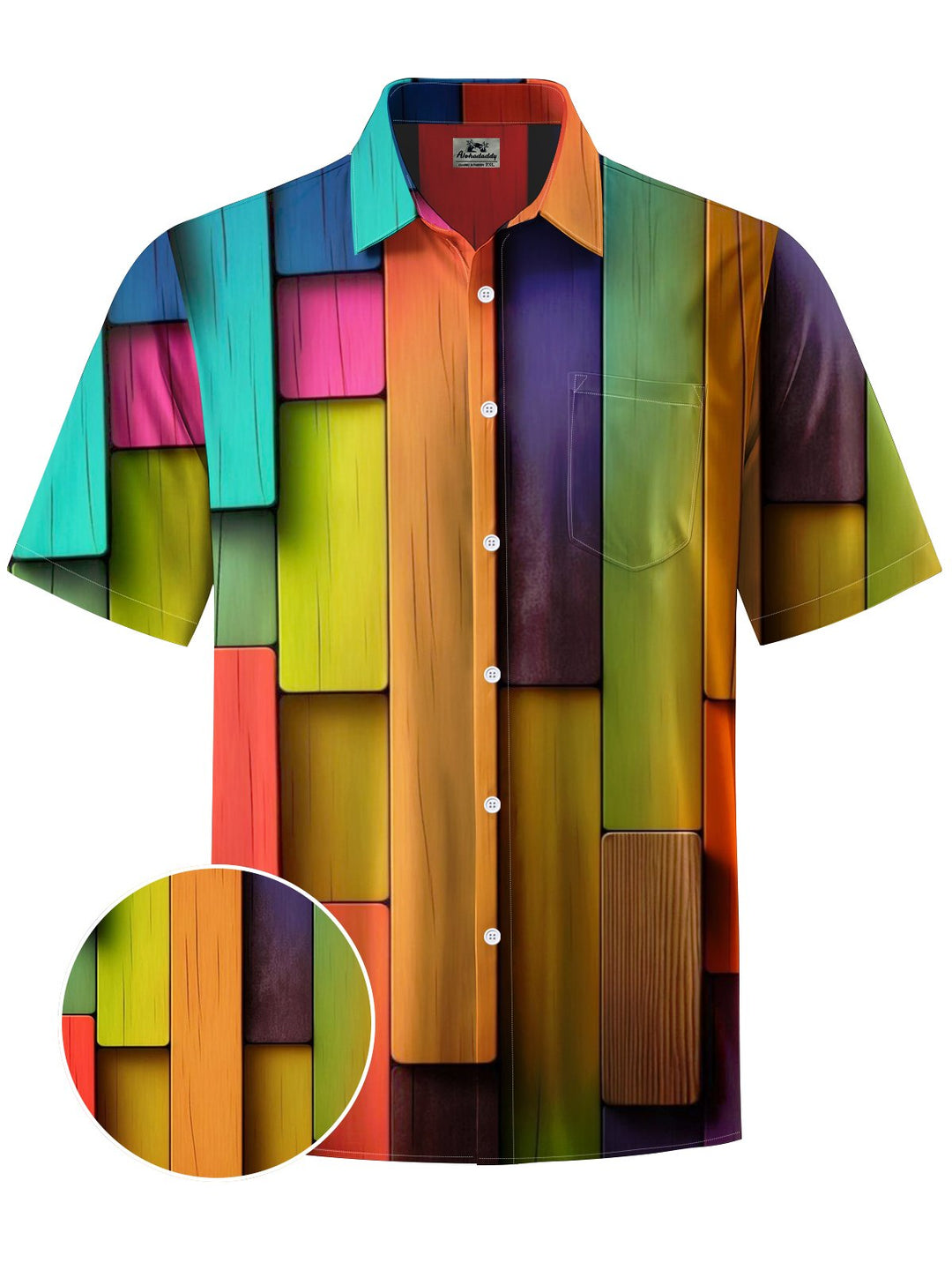 Alohadaddy® Retro Geometric Woodgrain Print Art Chest Pocket Men&