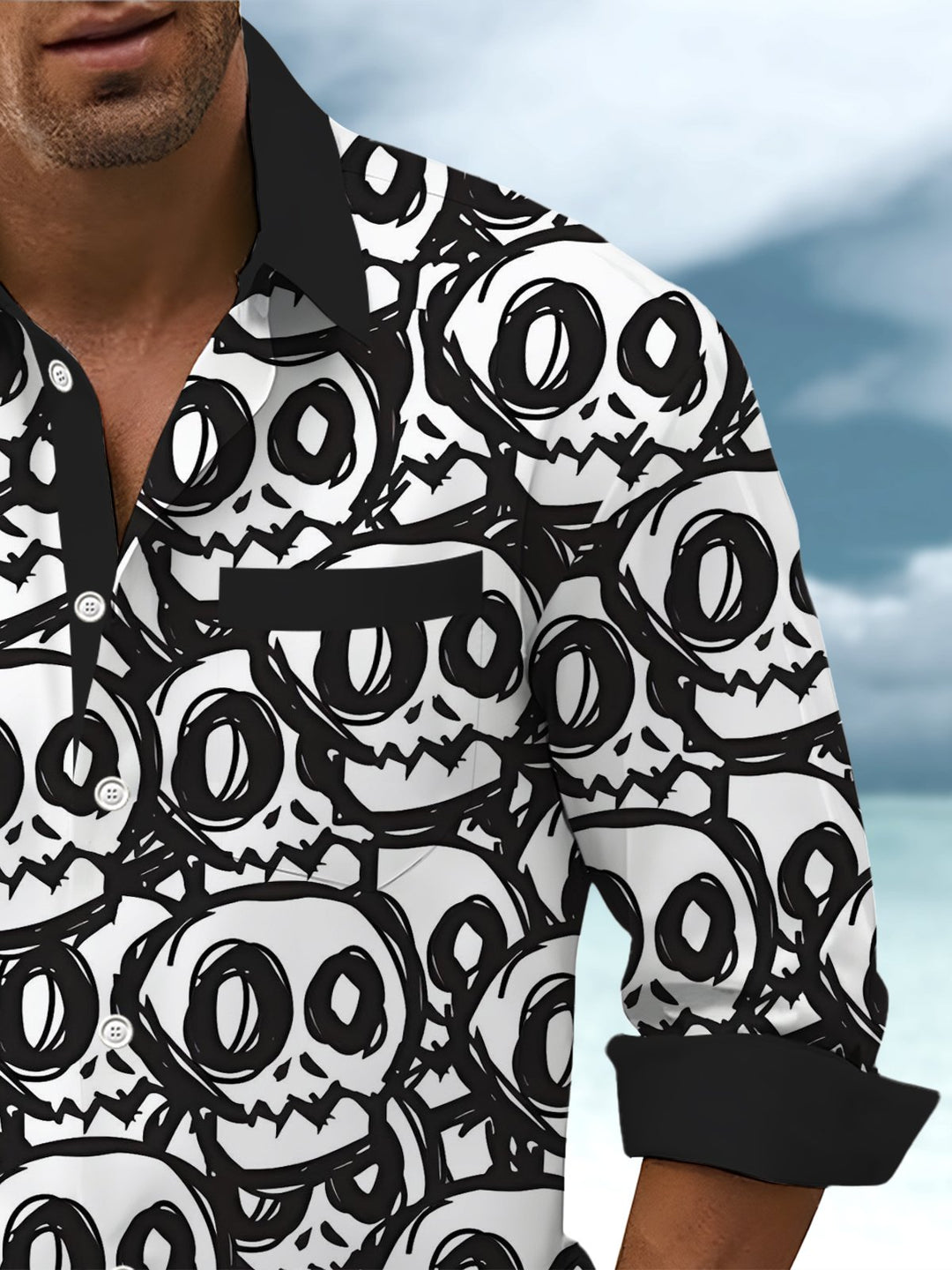 Alohadaddy® Casual Skull Contrast Art Print Chest Pocket Men&