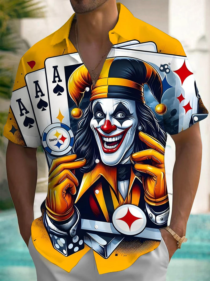Alohadaddy® Vintage Joker Poker Art Print Chest Pocket Stretch Men&