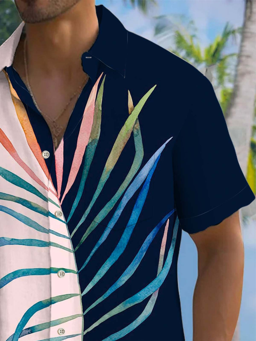 Alohadaddy® Hawaiian Palm Leaf Art Print Chest Pocket Stretch Men&
