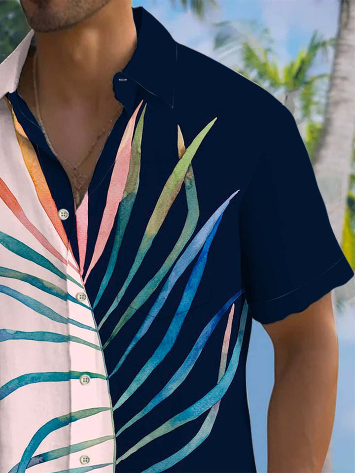 Alohadaddy® Hawaiian Palm Leaf Art Print Chest Pocket Stretch Men&