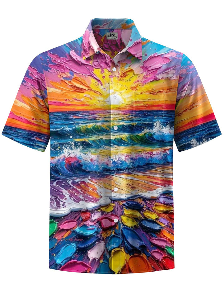 Alohadaddy® Acrylic Painting Beach Print Art Elastic Pocket Button Men&