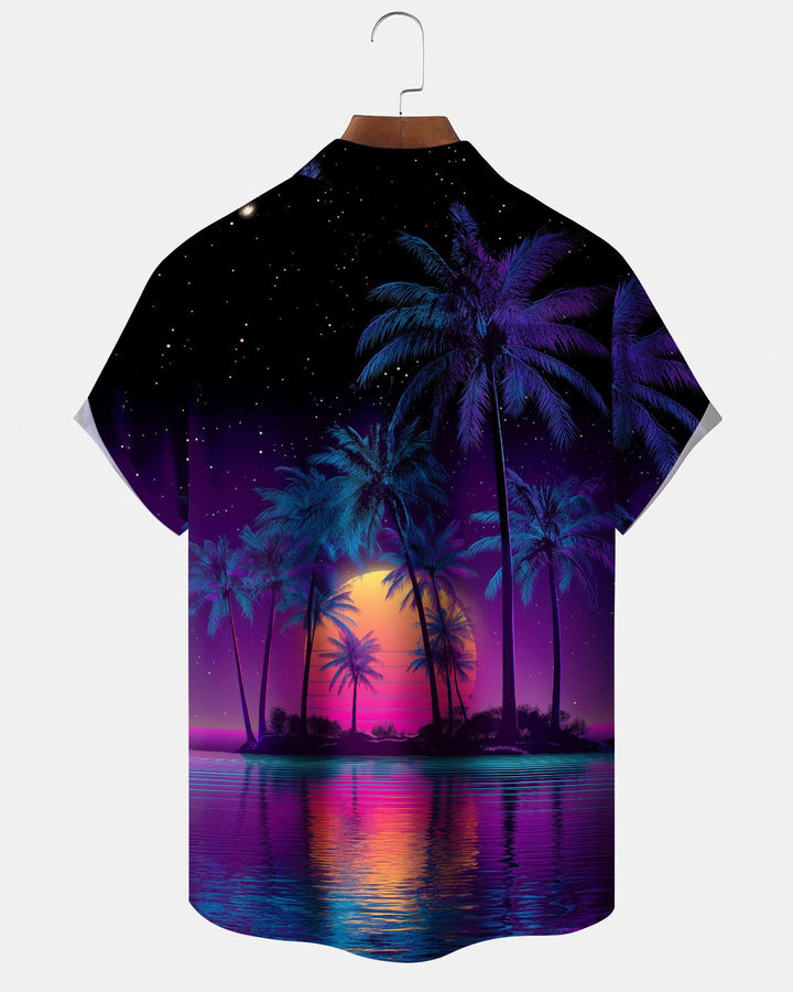 Alohadaddy® Hawaiian Palm Tree Vacation Print Art Pocket Buttons Stretch Men&
