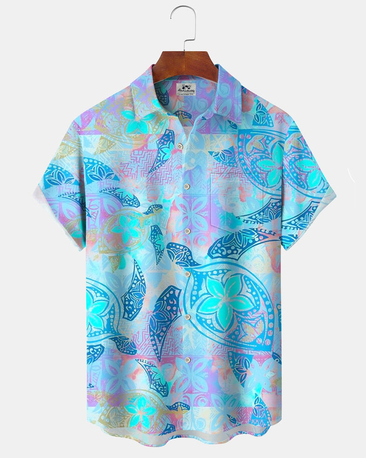 Alohadaddy® Hawaiian Turtle Geometric Print Art Pocket Button-Down Men&