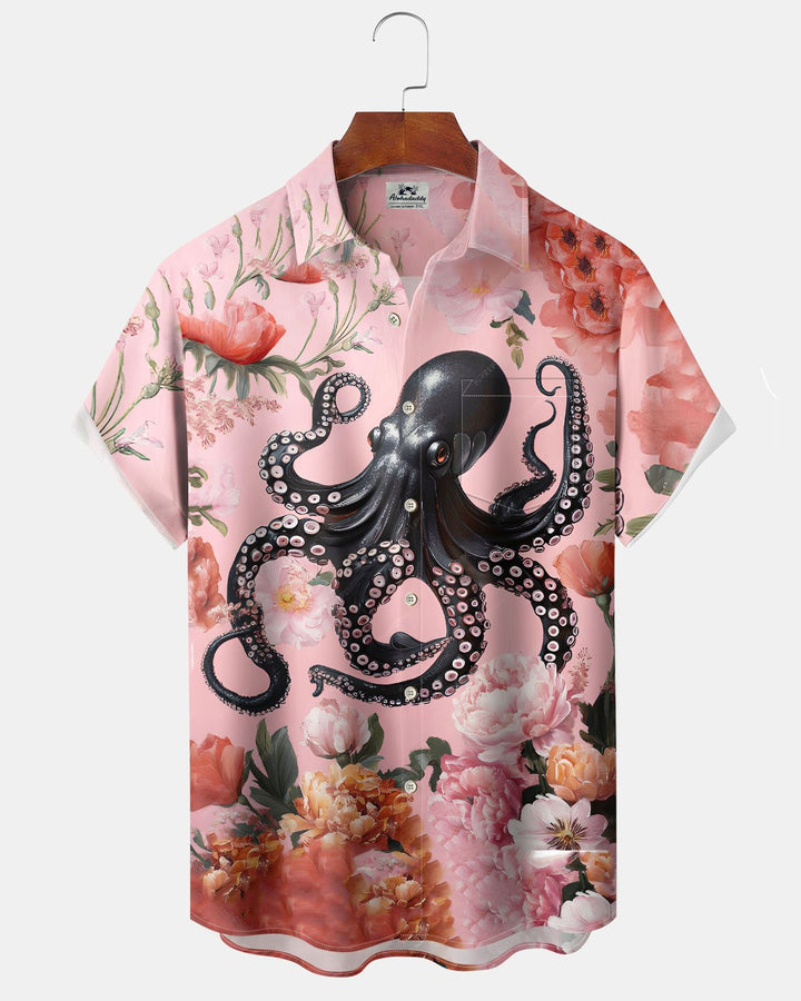 Alohadaddy® Hawaiian Floral Octopus Print Art Button-Down Short-Sleeve Shirt with Pockets for Men Big &amp; Tall