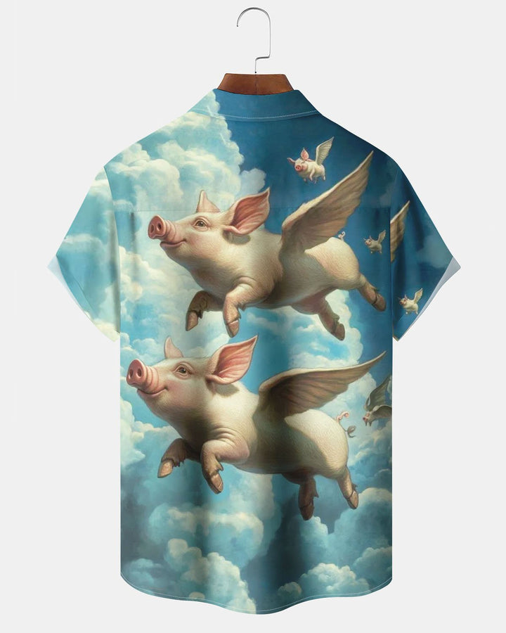 Alohadaddy® Hawaiian Fun Flying Pig Print Art Pocket Button Men&