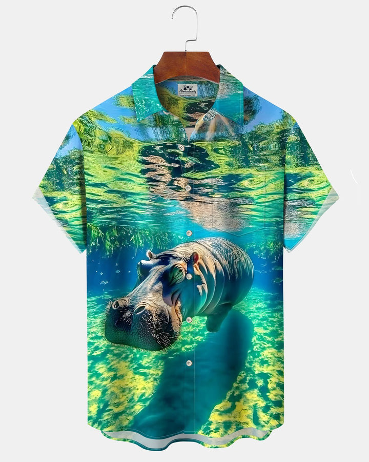 Alohadaddy® Hawaiian Hippo Print Art Button Pocket Cardigan Men&